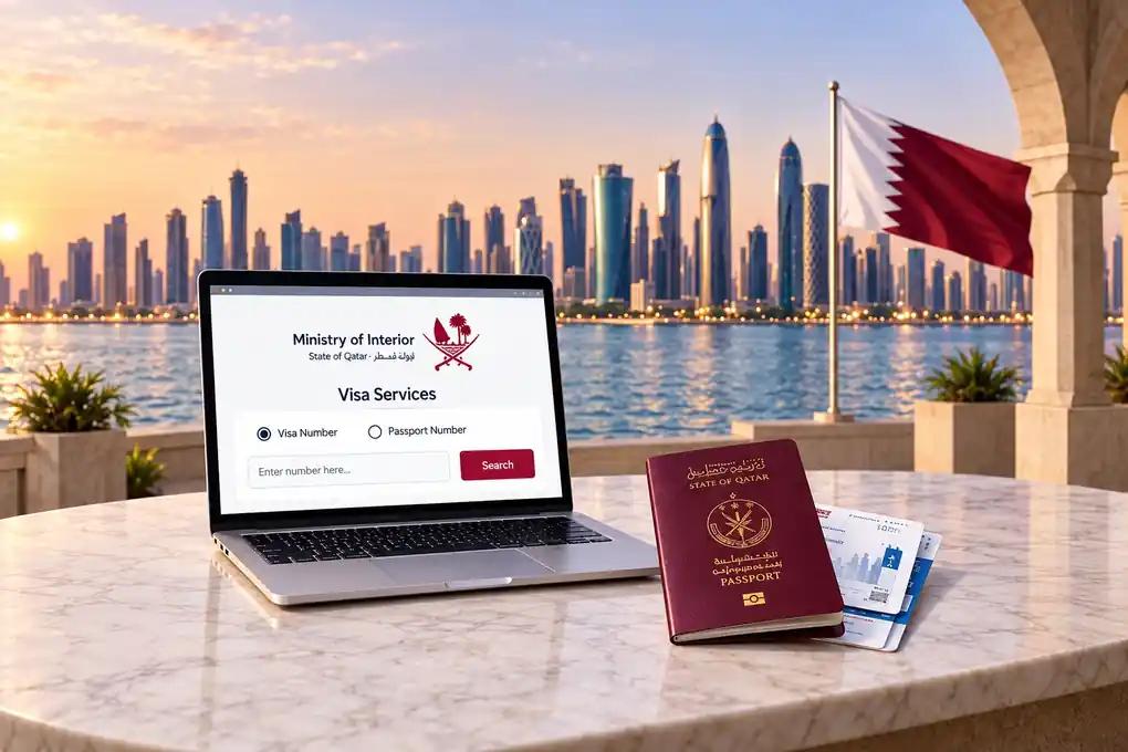 Laptop showing Qatar visa services with a passport, Qatar flag and Doha skyline