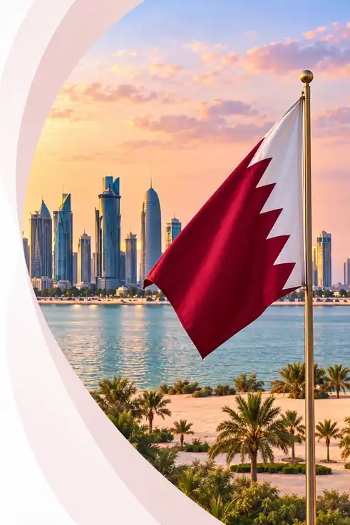 Qatar flag overlooking the Doha skyline at sunset