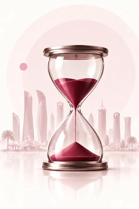 Hourglass with burgundy sand and Doha skyline