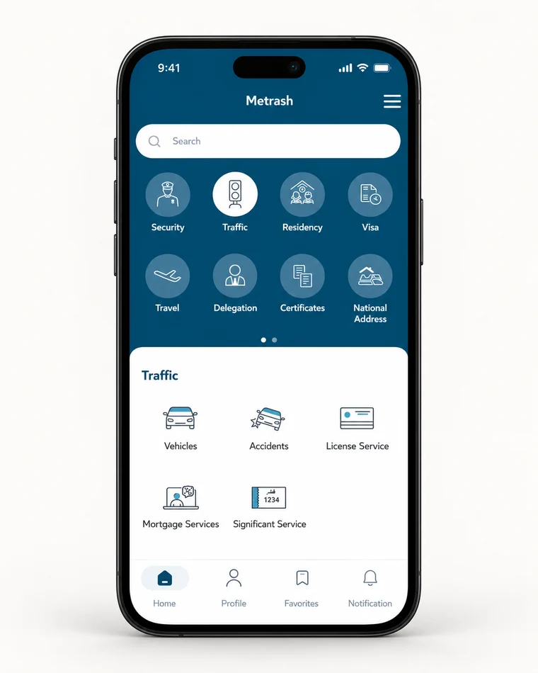 Metrash app home screen showing Security, Traffic, Residency, Visa and other services