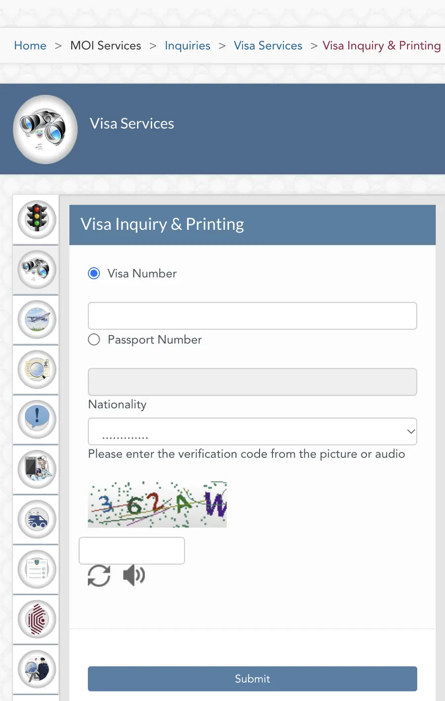 MOI Visa Inquiry and Printing form, with number fields, nationality, verification and Submit highlighted.