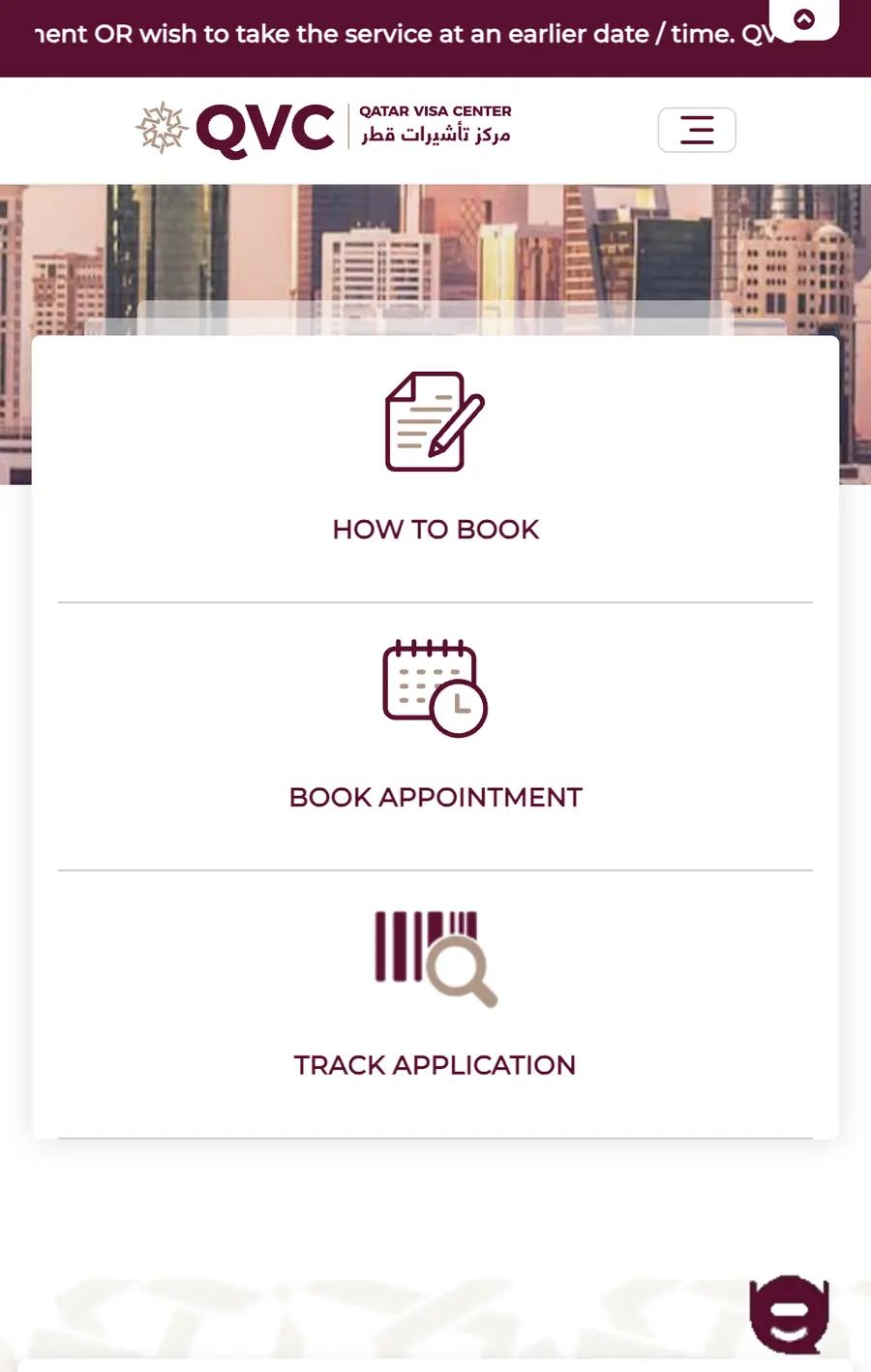 Qatar Visa Center service options with the Track Application tile highlighted.