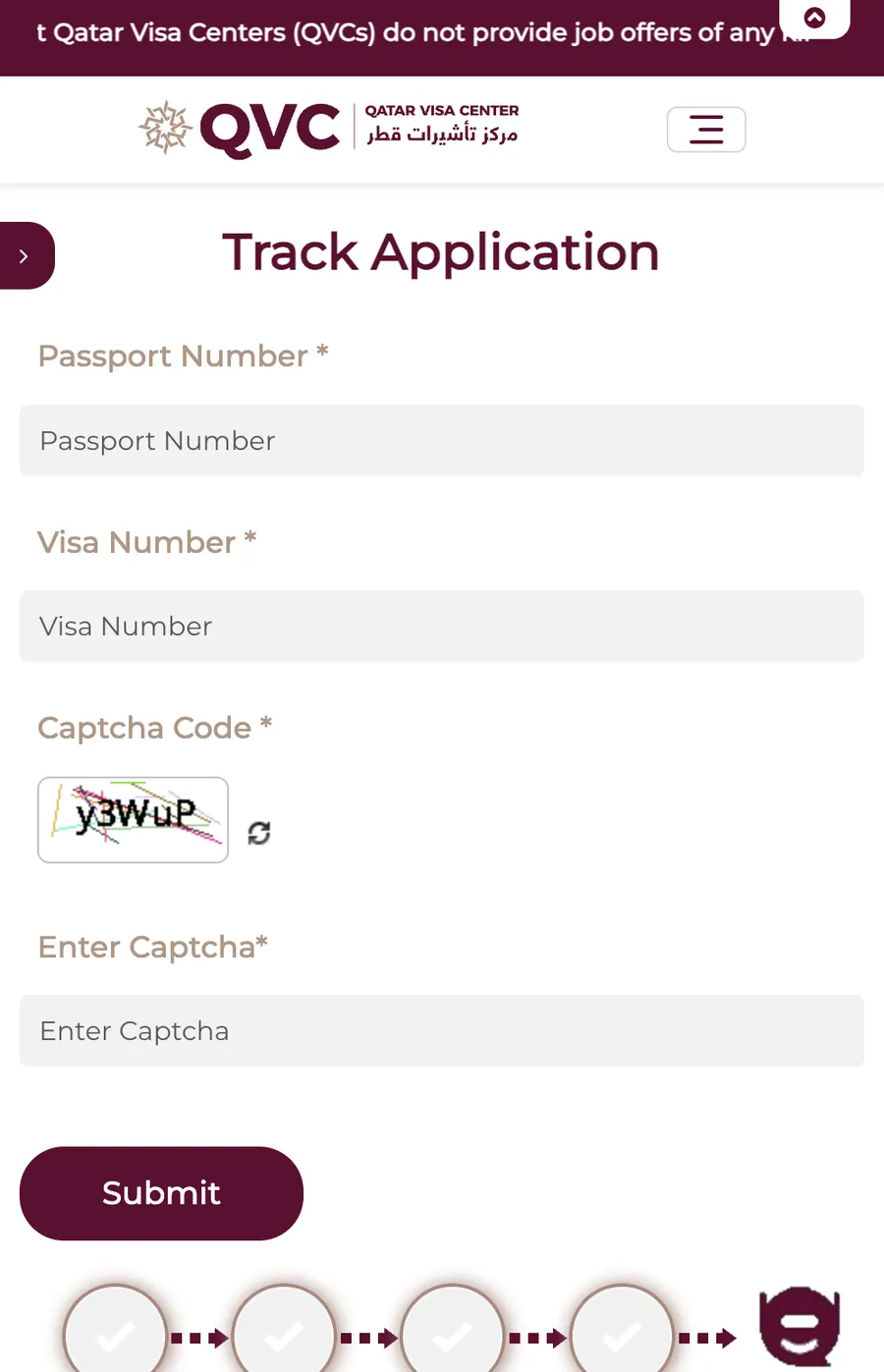 Qatar Visa Center tracking form with Passport Number, Visa Number, CAPTCHA and Submit highlighted.
