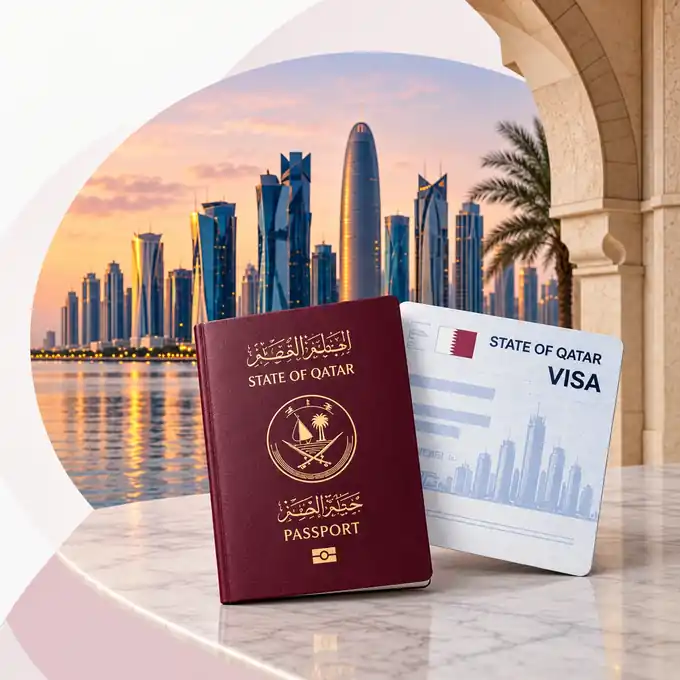 Qatar passport and visa against the Doha skyline